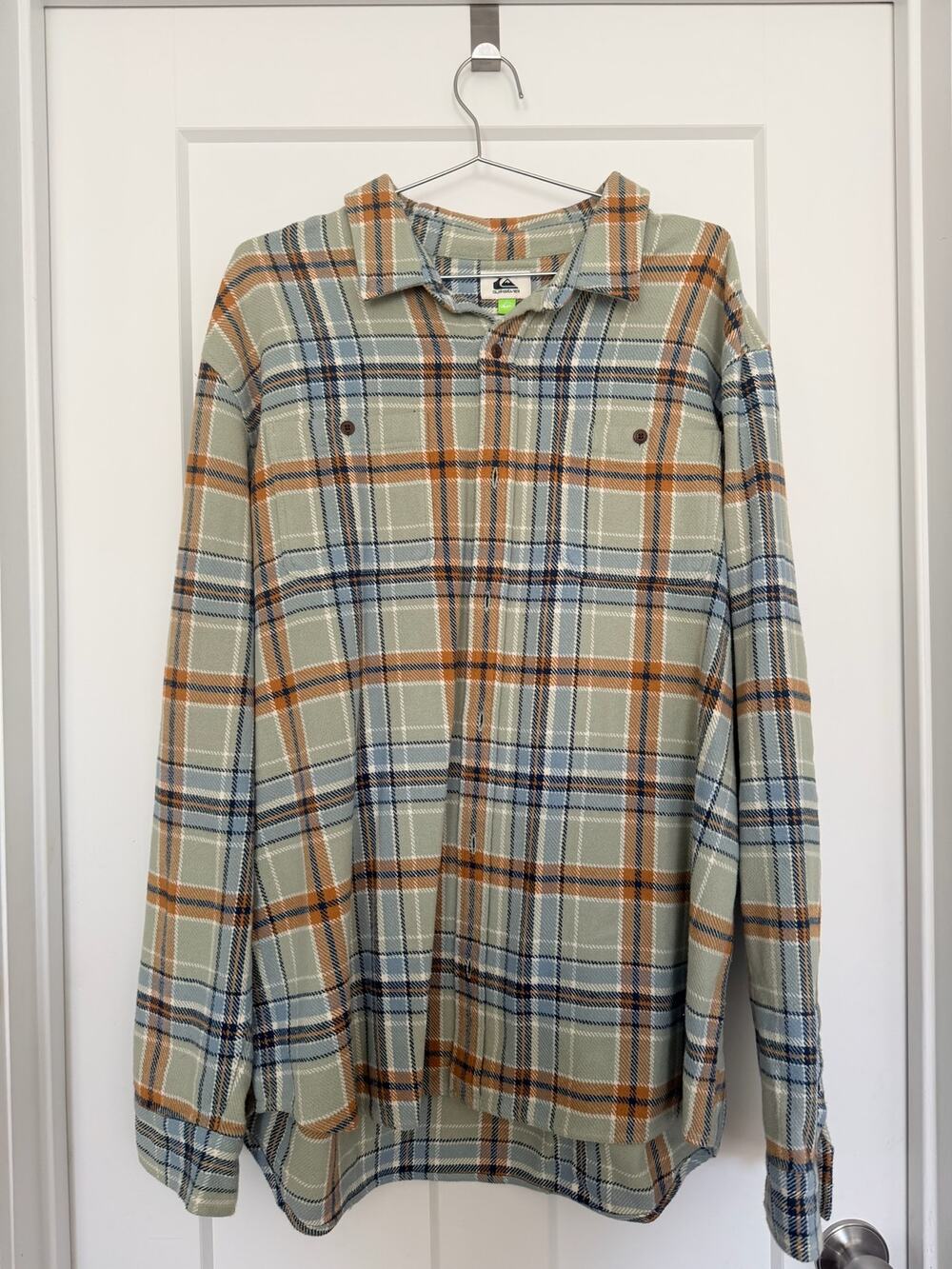 Quiksilver Men’s Sage Green Plaid Flannel Button-Up Shirt 2XL
